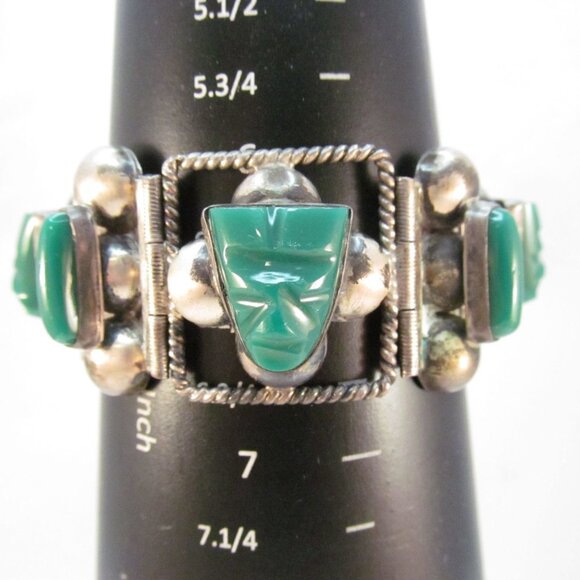 Sterling Silver Carved Green Onyx Tribal Face Mexican Link Bracelet Size 6.75 - Picture 3 of 16